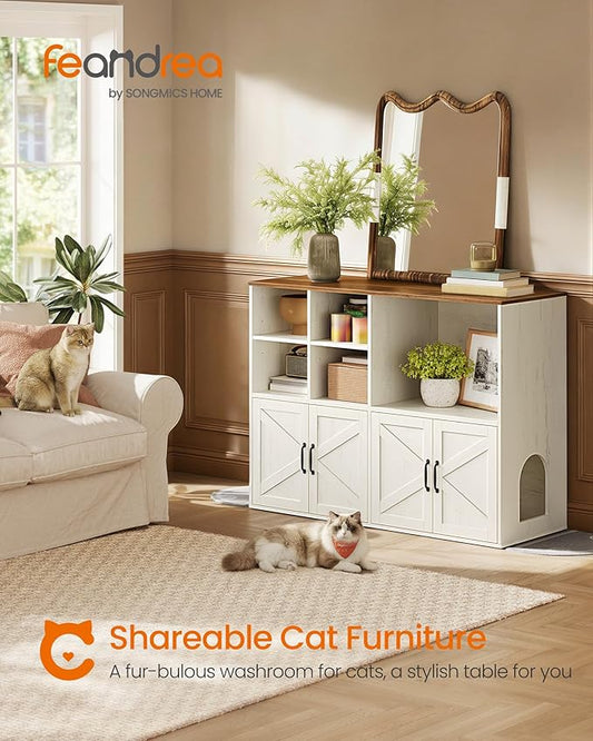 Feandrea Litter Box Enclosure for 2 Cats, Hidden Litter Box Furniture with Storage Cabinet, Double Room, Farmhouse Indoor Cat House Washroom, Honey Brown and Rustic White UPCL032WJ03