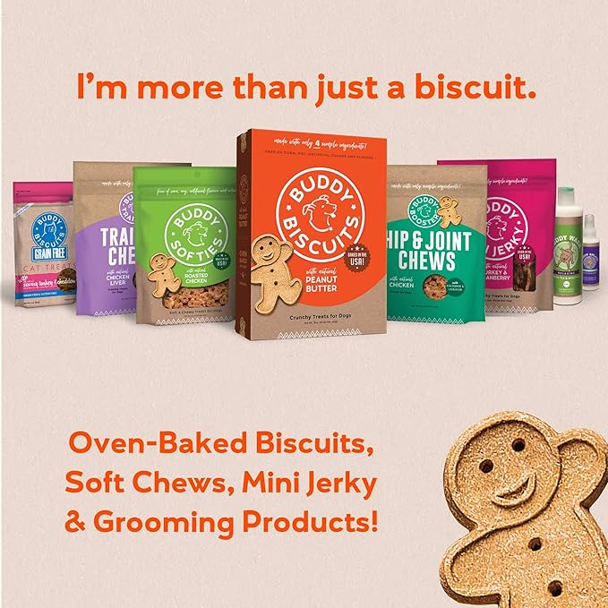Buddy Biscuits 16 oz Box of Grain-Free Crunchy Dog Treats Made with Natural Peanut Butter (Pack of 4)