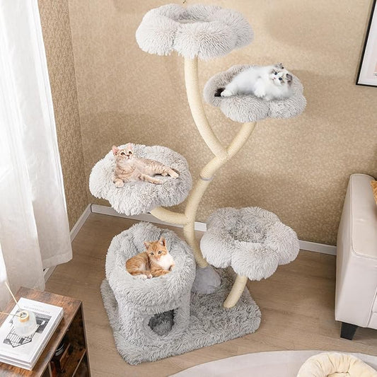 PETSITE 65 Inch Tall Cat Tree, Multi-Level Modern Cat Tree Tower with Sisal Scratching Posts, Cat Condo, Soft Long Plush Covered Platforms, Ideal for Indoor Cats Large Adult (Grey)