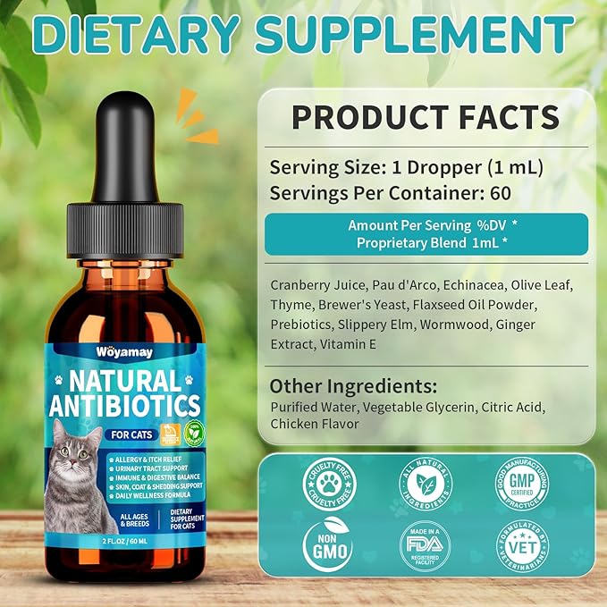 Woyamay Antibiotics for Cats, Natural Antibiotic for Allergy Relief, Urinary Tract Health, Itch Relief & Digestion Care, Cat Allergy Relief for Cats, Cat Immune Support Supplement, 4 Fl Oz