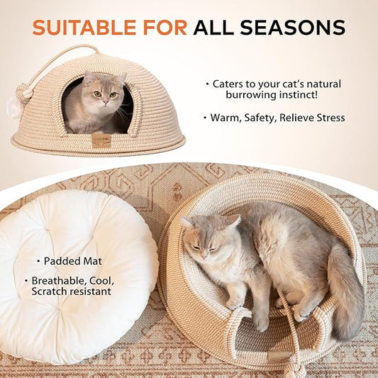 CHEERPALS Cat Cave Bed for Indoor Cats, 3 in 1 Cat House with Washable Cushion and Ball, Scratcher Bed, Cute Rope Bed for Kittens and Large Cat(White)