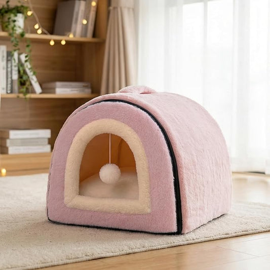 Cat Bed for Indoor Cats,Foldable cat cave,Anti-Slip & Water-Resistant Bottom,cat Houses for Indoor Cats or Small Dogs, Kitten Tent, Rabbit Bed (Pink, L:(17.5"×16.9"×15.9"))