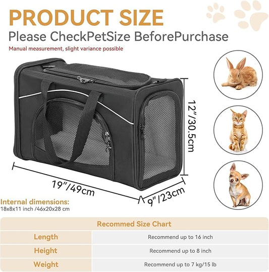 Petsfit Airline Approved Pet Carrier for Small Dogs & Cats, 19x9x12 TSA Approved Carrier, with Removable Dual-Sided Padding (2-Way Placement) - Fits Under Most Airplane Seats, Escape Proof (Black)
