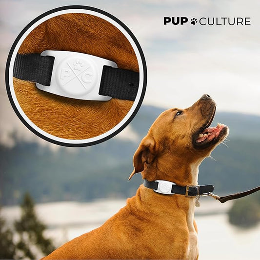 Pup Culture Compatible with AirTag Dog Collar Holder | Durable Protective Case to Help Track Your Pup | for Dog & Cat Collars - Black/White 2 Pack