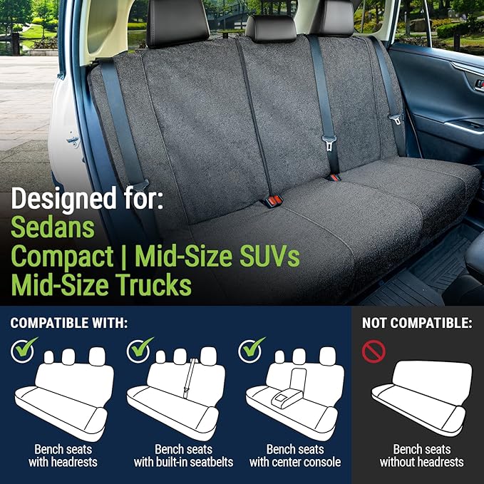 Season Guard Back Seat Towel Seat Cover for Cars; Great for After Gym Workouts, Dogs, and Outdoor Activities; Universal Fit for Cars SUVs Vans Trucks Rear Seats, EZ fit, Non Slip Grip, Grey
