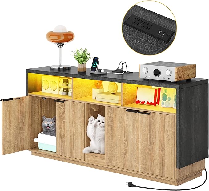 DWVO Cat Litter Box Enclosure for 2 Cats, Litter Box Furniture Hidden with Power Outlet & LED Light, Wooden Cat Cabinet TV Stand Furniture w Double Rooms for Indoor Cats, 59" L x15.7 W x27.5 H, Oak