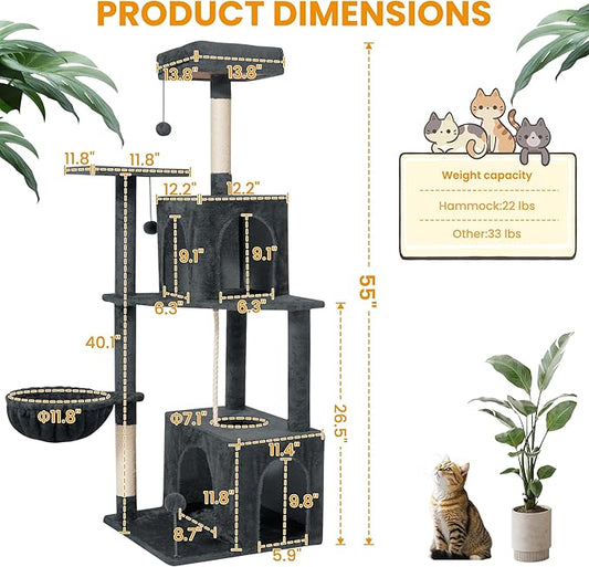 Cat Tree, 54-Inch Cat Tower for Indoor Cats, Soft Plush Multi-Level Climbing Cat Condo with Scratching Posts, Basket, Perches,2 Caves,2 Pompoms Play House for Cat(Dark Gray)