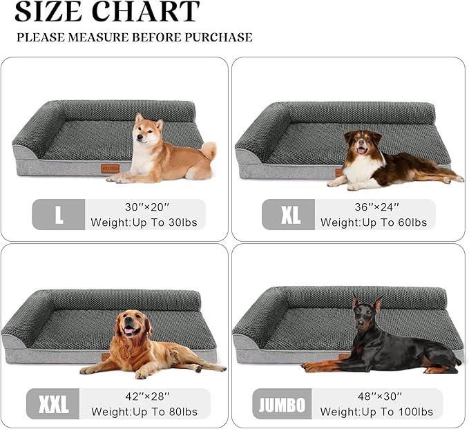 Orthopedic Dog Bed Medium Size Dog 30''X20'', Waterproof L Bolster Egg Crate Foam Pet Crate Beds with Washable Removable Cover, Non-Slip Soft Pet Couch Sleep Mat, Grey