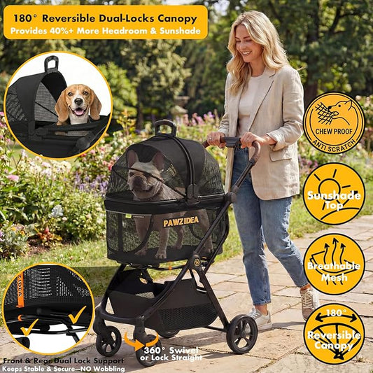 PAWZIDEA Pet Stroller 4 in 1, Foldable Cat Stroller with Detachable Carrier for Small Medium Dogs & Cats, Escape-Proof No-Zip Canopy, Lightweight Portable Travel Crate & Car Seat Combo, Storage Basket