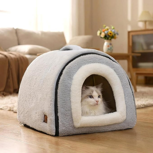 Cat Bed for Indoor Cats,Foldable cat cave,Anti-Slip & Water-Resistant Bottom,cat Houses for Indoor Cats or Small Dogs, Kitten Tent, Rabbit Bed,2 in 1 pet Bed (Grey)