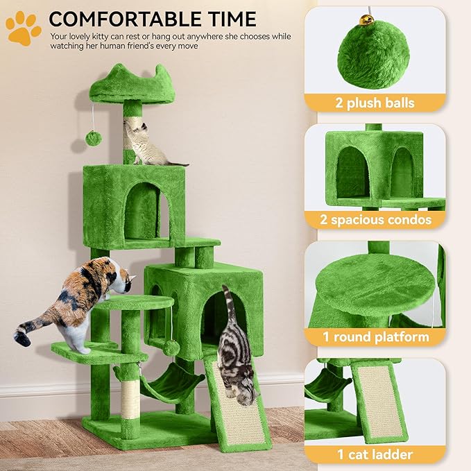 YITAHOME 54in Cat Tree Tower for Indoor Cats, Multi-Level Cat Climbing Tower with Sisal Scratching Post and Board, Cat Condos, Plush Top Perches, Hammock, Kittens Pet House Play, Green