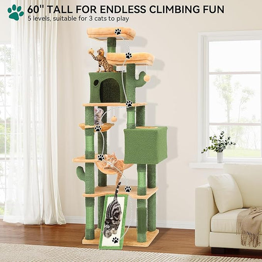 YITAHOME 76in Tall Cactus Cat Tree Tower with Self-Grooming Brush, Cute Cat Climbing Tower for Indoor Cats with Cat Condo, Plush Platform, Hammock, Sisal Scratching Posts, Dangling Ball