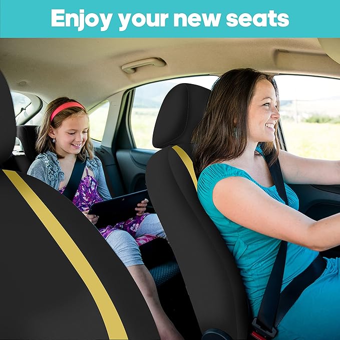 FH Group Car Seat Covers Front Set in Cloth for Low Back Car Seats with Removable Headrest, Universal Fit, Automotive Washable for SUV, Sedan, Van Yellow