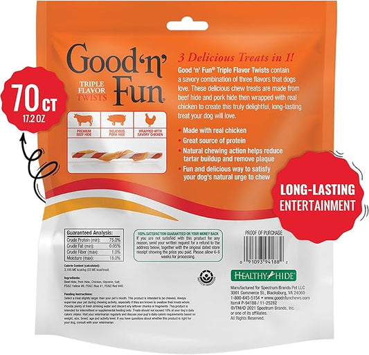 Good ‘n’ Fun Triple Flavor Twists for All Dogs, 70 Count, Treat Your Dog to Long-Lasting Chews Made with Beef Hide, Pork Hide and Chicken