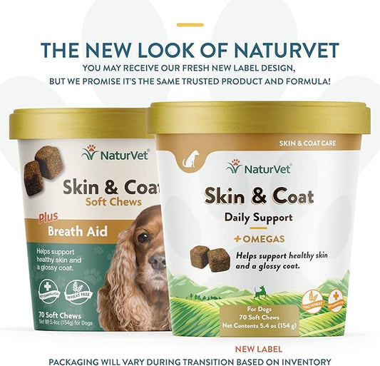 NaturVet Skin and Coat Plus Breath Aid for Dogs, 70 ct Soft Chews, Made in The USA with Globally Source Ingredients