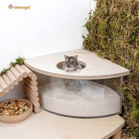 Niteangel Animal Sand-Bath Box: - Acrylic Critter's Sand Bath Shower Room & Digging Sand Container for Hamsters Mice Lemming Gerbils or Other Small Pets (Triangle, Birch-Wood)