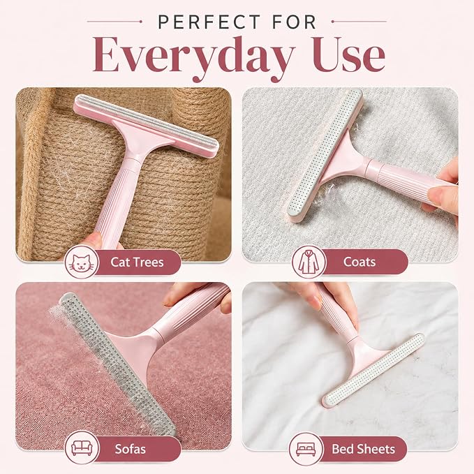 2 Pack Reusable Pet Hair Remover and Fabric Lint Scraper Set, Pink | Double-sided lint remover and flexible fabric scraper for dog cat hair on clothes, sofas, bedding, rugs and car seats.