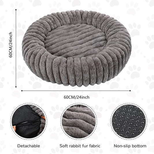 Cat Bed for Indoor Cats, 24 inch Calming Cat Bed with Ultra Soft Plush, Machine Washable Round Anti-Anxiety Pet Bed for Large Cats and Small Dogs, Grey
