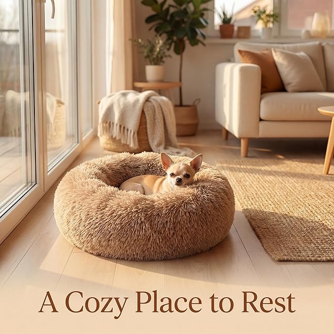 Tiny Dog Bed 15 Inch for Extra Small Dogs,Washable Puppy Bed,Soft Faux Fur Calming Donut Bed for Chihuahua Yorkie Maltese Pomeranian,Brown