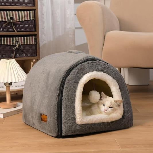 Cat Bed for Indoor Cats,Foldable cat cave,Anti-Slip & Water-Resistant Bottom,cat Houses for Indoor Cats or Small Dogs, Kitten Tent, Rabbit Bed (Dark Grey, L:(17.5"×16.9"×15.9"))