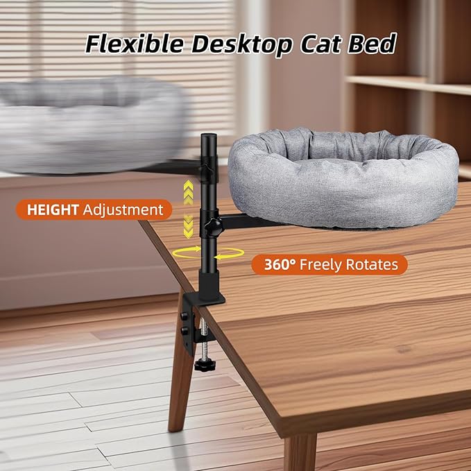 Desk nest cat Bed,cat Bed for Desk Attachment with Soft and Thick Cushions ,Rotation & Adjustable Height -Cats Up to 45 lbs (Grey) ,Cat Bed Desk attachmen for Home Office