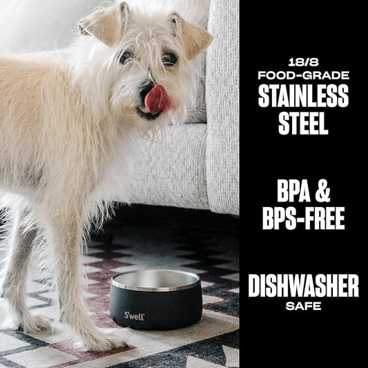 S'well Stainless Steel Pet Bowl, 16oz, Onyx, for Small to Medium Size Dogs, Mess Free Design with Non Slip Rubber Bottom, Dishwasher Safe, BPA Free