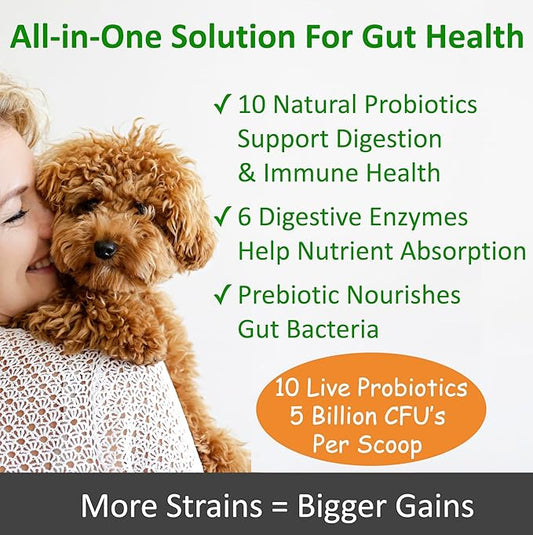TummyWorks Probiotics for Dogs and Cats. 160 Scoops Probiotic Powder for Digestive Health, Gut, Immunity, Energy, Skin & Coat. 10 Strains, 5 Billion CFUs with 6 Enzymes & Prebiotics. Made in USA.