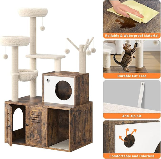 Furniture Style Cat Tree Tower & Hidden Litter Box Cabinet Combo – Multi-Level Cat House with Sisal Scratching Posts, Perch & Luxury Hammock