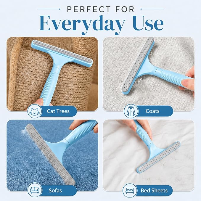 2 Pack Reusable Pet Hair Remover and Fabric Lint Scraper Set, Blue | Double-sided lint remover and flexible fabric scraper for dog cat hair on clothes, sofas, bedding, rugs and car seats.