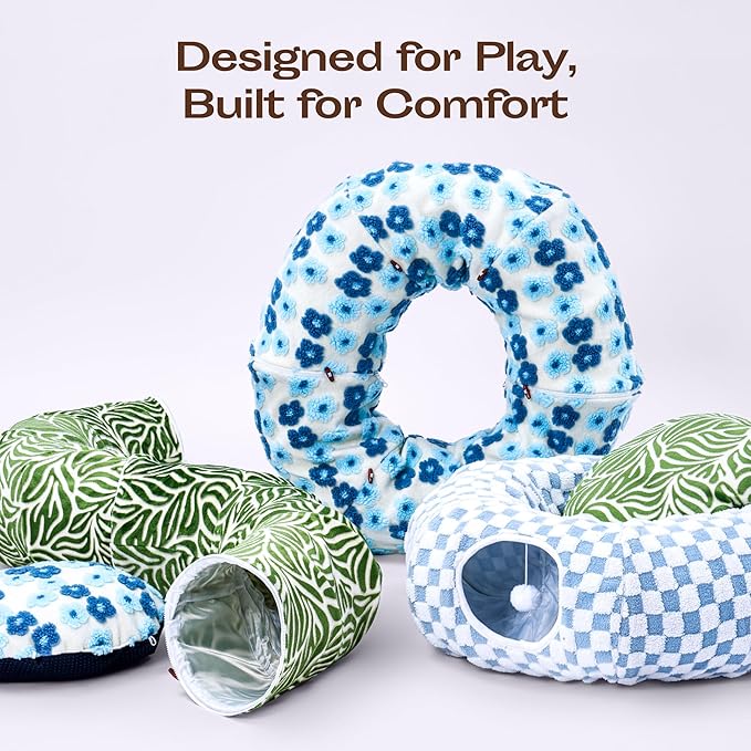 Meowfia Indoor Cat Tunnel with Donut Bed - Large Flexible Play Space for Multiple Pets - Circle or Snake Shape, Cozy Lounge (Jungle Nest)