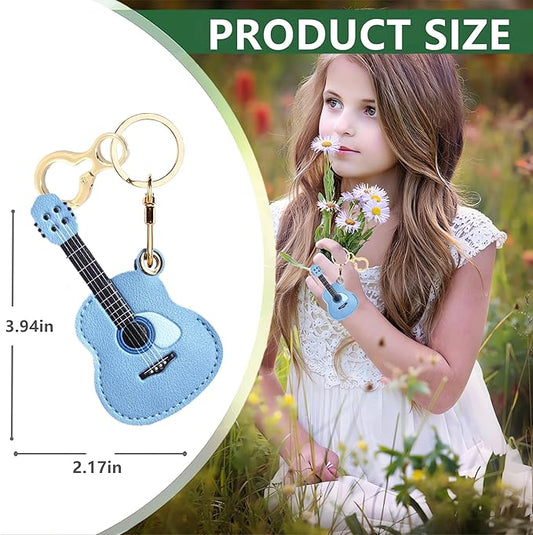 Leather Keychain Holder Case Compatible with AirTag,Cute Protective Cover with Keyring,Anti-Scratch Finder GPS Tracker Case for Wallet Keys,Bag,Pets,Backpack(Guitar Blue)