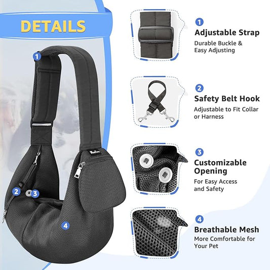 SlowTon Dog Carrier Sling - Thick Padded Shoulder Strap Adjustable Dog Carriers for Small Dogs, Puppy Carrier Purse for Pet Cat with Front Zipper Pocket Safety Belt Machine Washable (Grey Mesh L)