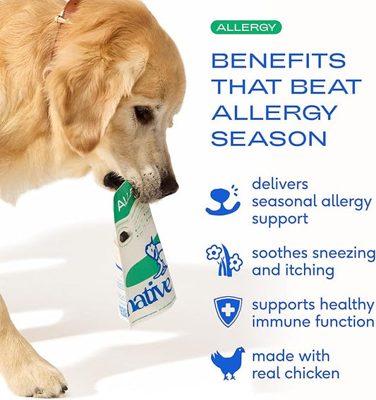 Native Pet Dog Allergy Chews - Dog Allergy Relief for Medium Breeds - Supports Seasonal Itch Relief, Healthy Immune Function & Reduces Sneezing - Colostrum, Spirulina, & Probiotics - 30 Days Supply