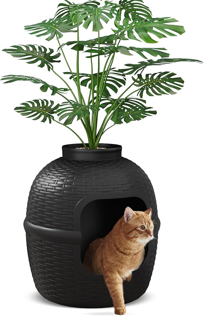 Hidden Litter Box with Faux Plant, Large Cat Litter Box with Rattan Pattern, Heavy Duty PP Material Litter Box Enclosure Furniture for Home Decor, Black