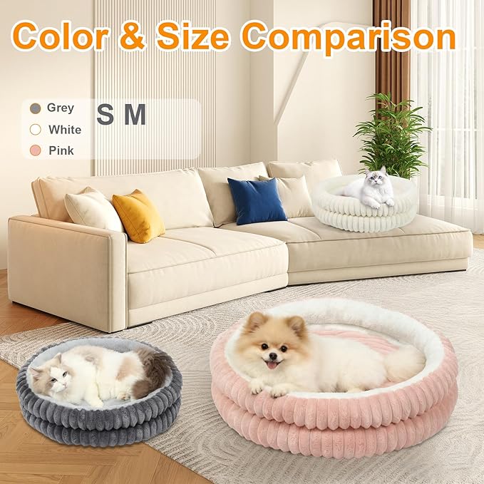 Cat Beds for Indoor Cats,Washable Round Donut Dog Bed,Fluffy Puppy Dogs Beds for Small Dogs with Anti-Slip Bottom (White, S)