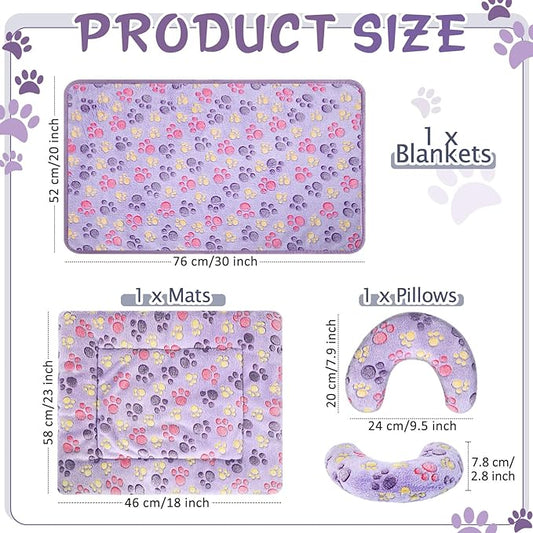 Namalu Cat Bed Mat with Soft Blanket and Pillow for Indoor Cats Cute Print Washable Crate Mat Fleece Warm Blanket Fluffy Pet Calming Half Donut U Shaped Neck Pillow for Small Dogs and Cats