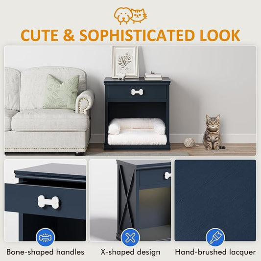 Vintage Small Storage Cabinet with Led Light and Pet Bed, Hidden Cat Litter Box with Drawer and Semi-Open Space