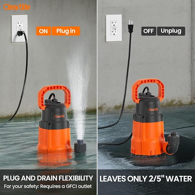 Submersible Utility Water Pump, 1/3 HP 2790 GPH Portable Sump Pump with Copper Motor, Plug and Work for Pond, Garden Watering, Pool or Hot Tub Water Transfer