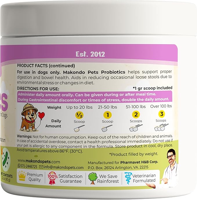 Probiotics for Dogs & Puppies–Extra Strength 9 Species, 5 Billion CFU per Scoop of Powder Digestive Enzymes for Dogs. Gut Fiber & Allergy Relief (2-Pack, 180 Scoops)