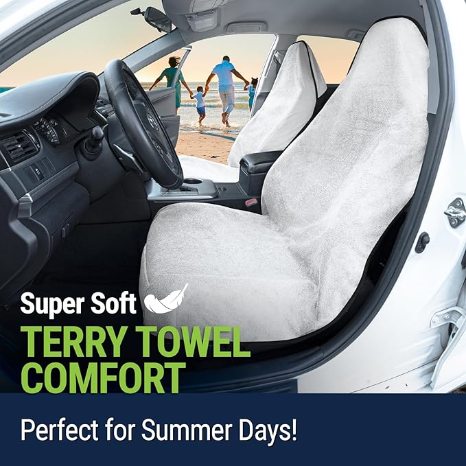 Season Guard Terry Cloth Sweat Towel Seat Cover; Carseat Towel Protector; Great for Gym Workout; Waterproof; Universal Fit for Car SUV Van Truck; EZ fit; Non Slip Grip; Machine Washable; 2pc White