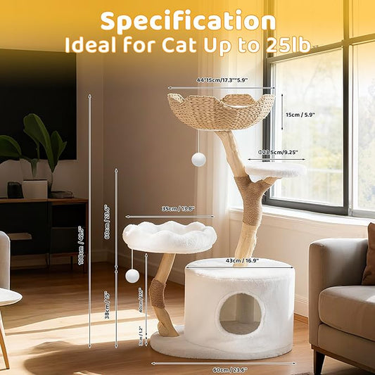 COSIEST 42.5" Tall Cat Tree Tower for Indoor Cats, Modern Cat Tower with Natural Sisal Scratching Posts, Ball & Resin Trunks, Rattan Cat Tree with Condo, Cat Furniture for Multi-Cat Households, White