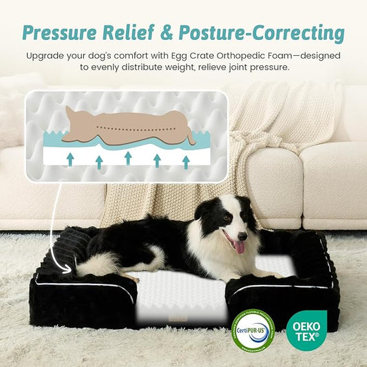 COZY KISS Orthopedic Dog Bed for Extra Large Dog, Soft and Warm Faux Fur Sofa for Giant Pet Up to 150 lbs, Foam Bolster Anti-Slip Couch with Washable Removable Cover, XXL 48x35x8 inch, Black