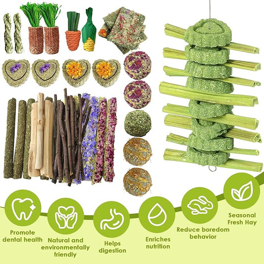 53Pcs Rabbit Chew Toys,Rabbit Toy for Bunnies Boredom Bunny Toys for Teeth, Timothy Stick, Apple Sticks, Sweet Bamboo, for Guinea Pig, Hamster, Chinchilla, Rat, Small Animals