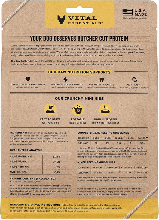 Vital Essentials Freeze Dried Dog Food, Raw Duck Crunchy Mini Nibs | Complete Meal or Topper | 96% Duck, Organs & Bone | Limited Ingredient, High Protein, Grain Free Dry Dog Food | 5.5 oz Bag