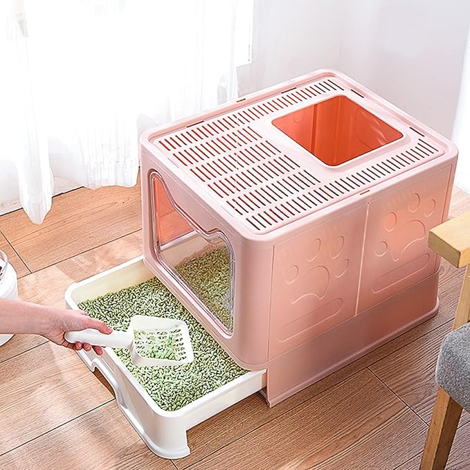 Panghuhu88 Foldable Litter Box With Lid, Large Top Entry Cat Toilet, Enclosed Potty Include Litter Scoop, Drawer Type Easy Clean Pan (Pink, 20" L x 16" W x 15" H)
