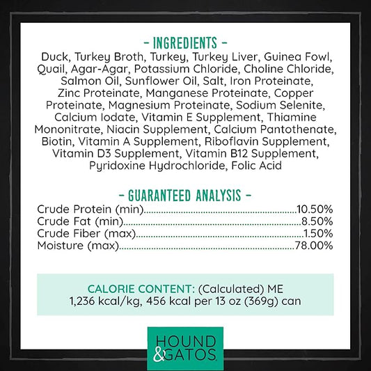 Hound & Gatos Wet Dog Food, 98% Real Meat, High Protein Poultry and Gamebird Recipe, Supports Digestive Health, Limited Ingredients, Grain Free, 13 oz. Cans (Pack of 12)