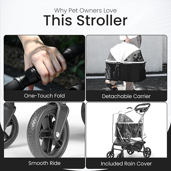 3-in-1 Folding Pet Stroller with Detachable Carrier – Lightweight Foldable Stroller for Cats & Dogs, Dog Carriers & Travel Products Solution with Safety Lock + Storage Basket