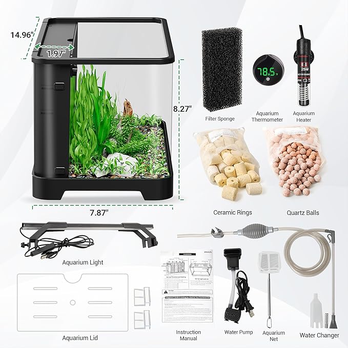 3.5 Gallon Betta Fish Tank, All in One Aquarium Starter Kits with Back Filter, Adjustable Pump, 25W Heater, LED Thermometer, LED Light with Timer & Water Changer Kit, for Mom Wife