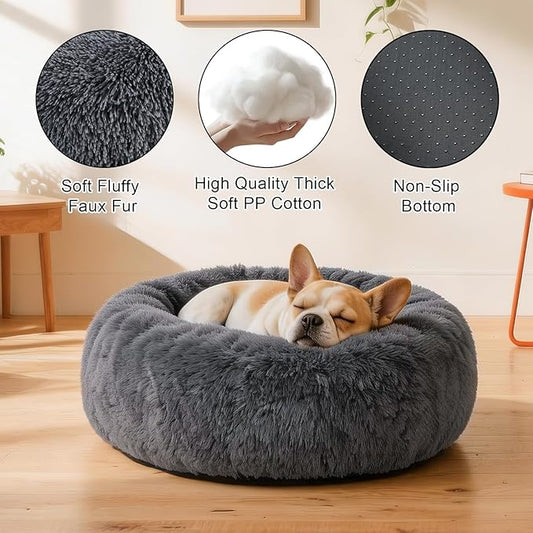 Dog Calming Beds for Medium Large Dogs Round Donut Washable Puppy Dog Bed, Anti-Slip Faux Fur Fluffy Donut Cuddle Anxiety Cat Pet Bed(36" Dark Grey)
