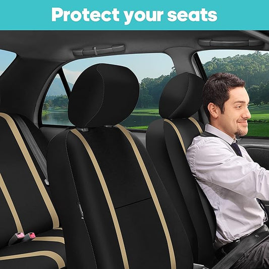 FH Group Car Seat Covers Front Set in Cloth for Low Back Car Seats with Removable Headrest, Universal Fit, Automotive Washable for SUV, Sedan, Van Beige